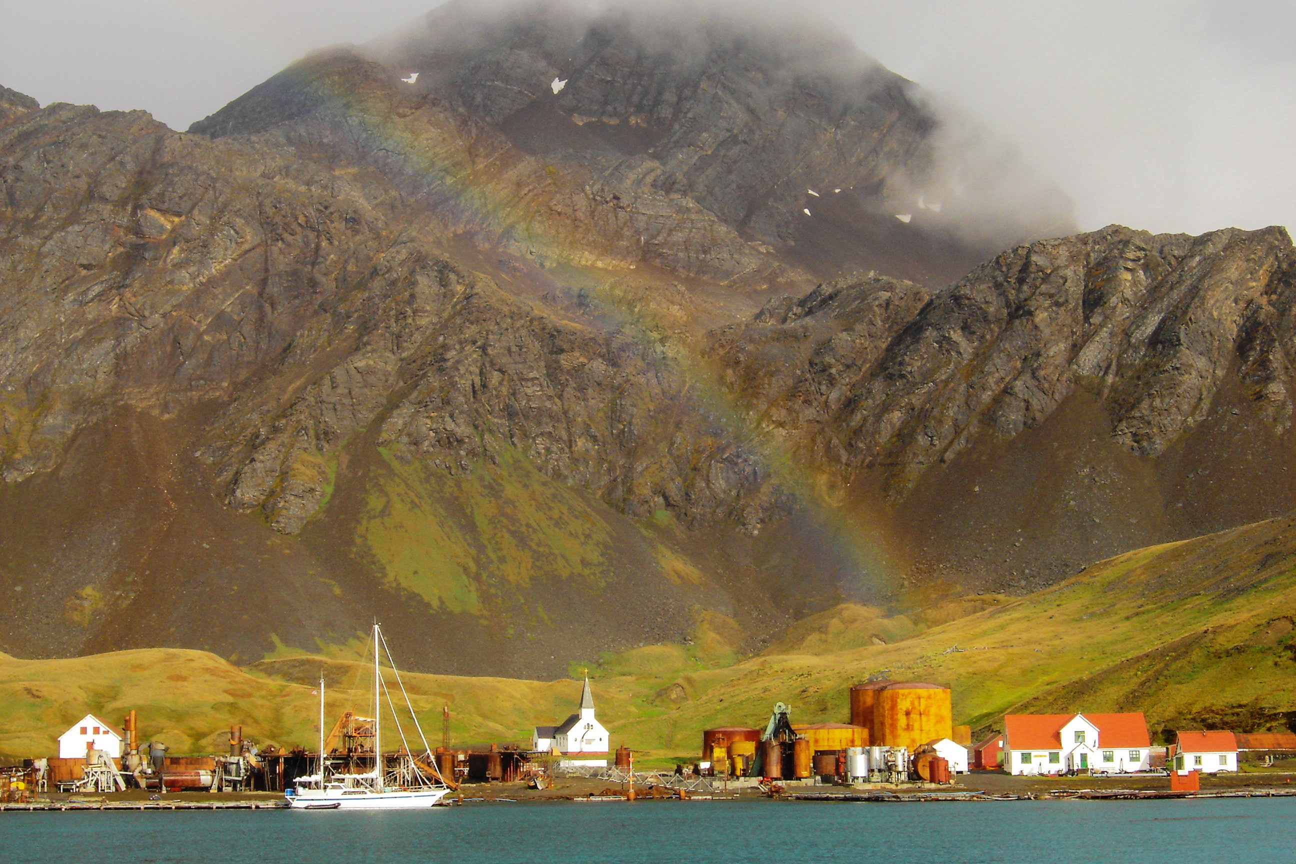 Rainbow over town in South Georgia Island. Photo by Island Conservation